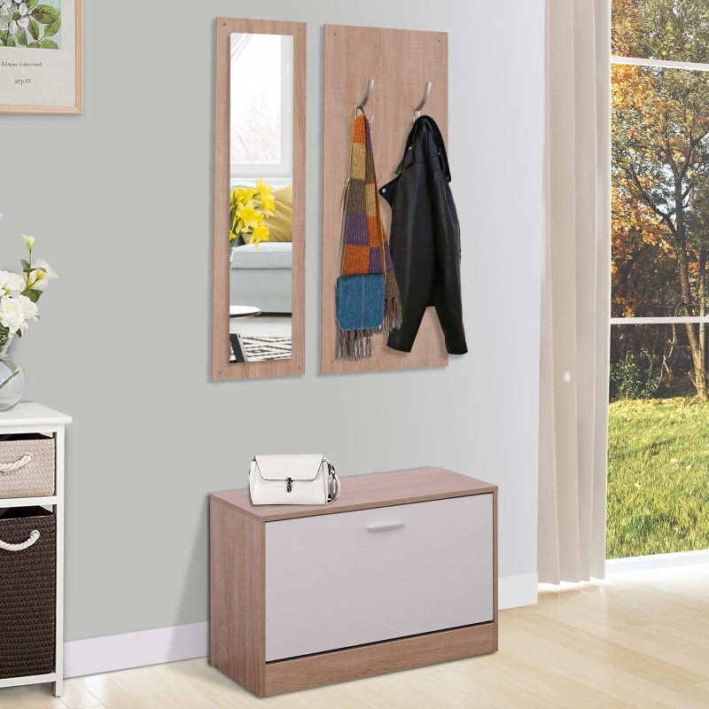 HOMCOM 3-teiliges Garderoben-Set Flurgaderobe mit Schuhschrank Garderobe Wandspiegel 4 Haken Natur 30 x 100 cm (Spiegel)