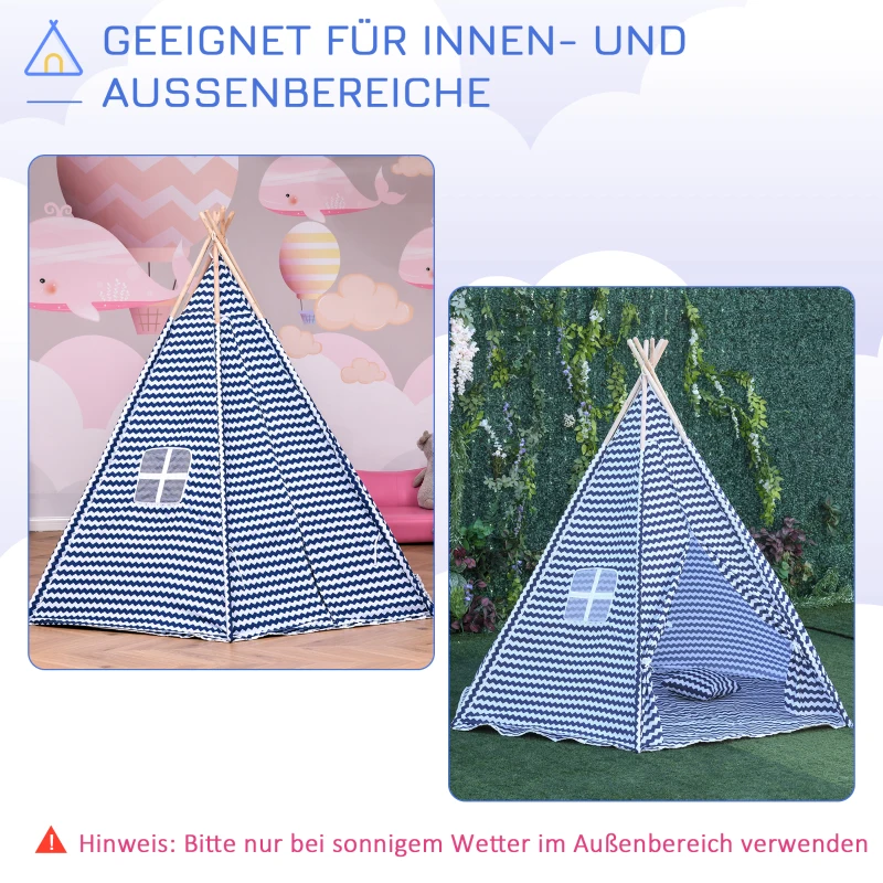 Kinderen tipi tent speeltipi polyester vurenhout 3-8 jaar blauw + wit