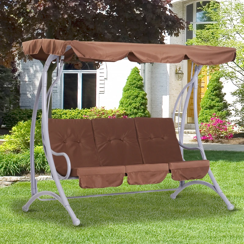 Outsunny 3-Seater Metal Swing Chair Bench-Coffee
