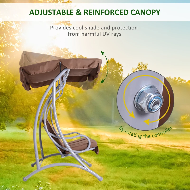 Outsunny 3-Seater Metal Swing Chair Bench-Coffee