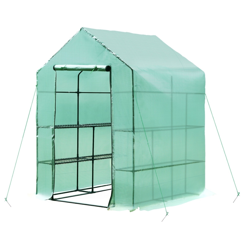 Outsunny 143x143x195 cm Walk in Greenhouse W/ Shelves-Dark Green