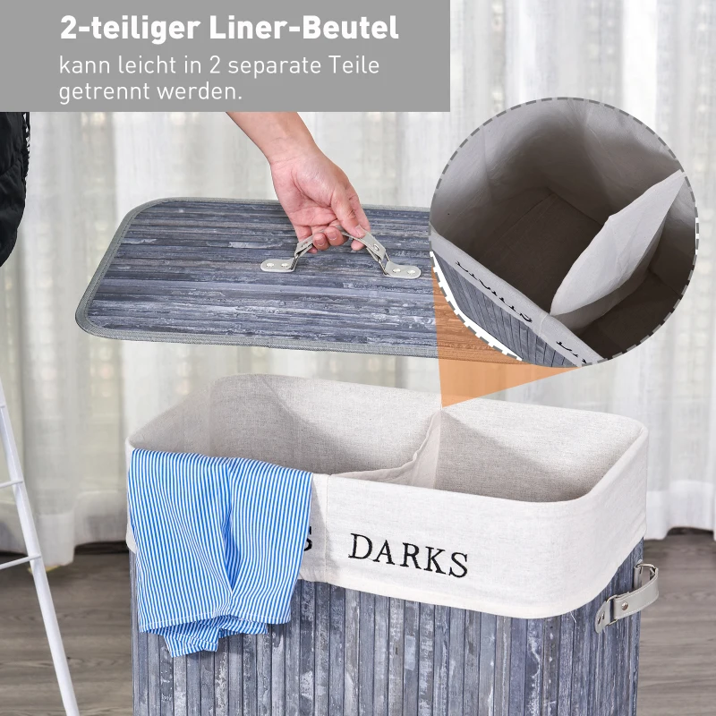 HOMCOM 100 l wasmand wasbox wasverzamelaar wassorteerder 2 x vak bamboe