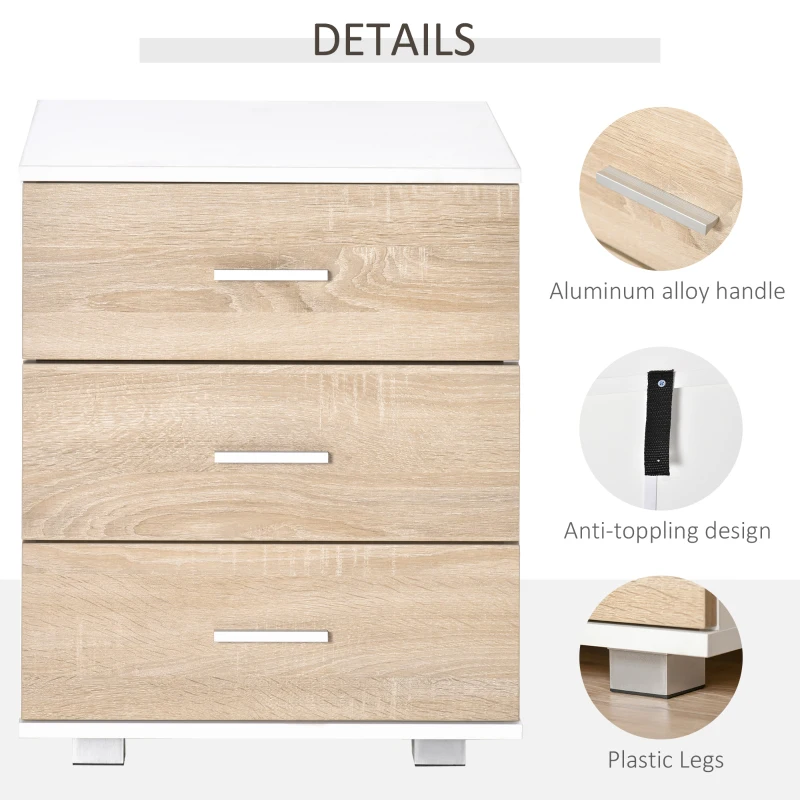 HOMCOM Bedside Table with 3 Drawers, Nightstand, Side Table Storage Chest for Bedroom