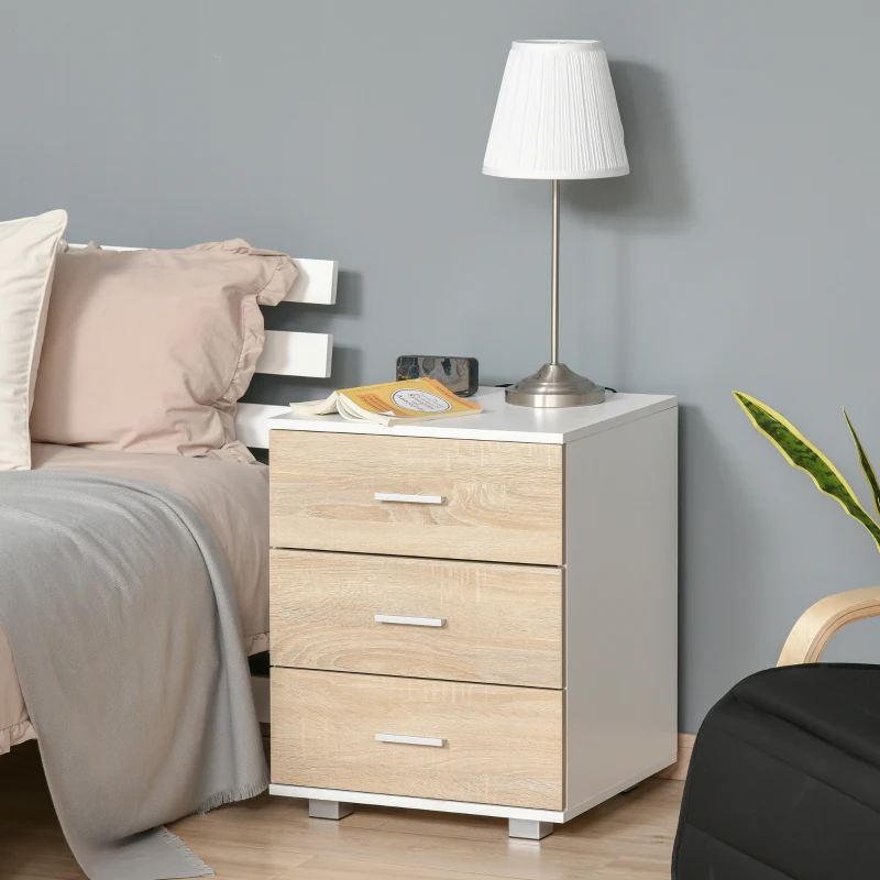 HOMCOM Bedside Table with 3 Drawers, Nightstand, Side Table Storage Chest for Bedroom