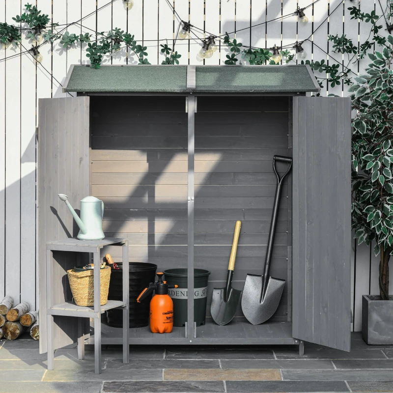 Outsunny Garden Wood Storage Shed w/ Flexible Table, Hooks and Ground Nails, Multifunction Lockable Sheds & Outdoor Asphalt Roof Tool Organizer, 139 x 75 x 160cm, Grey