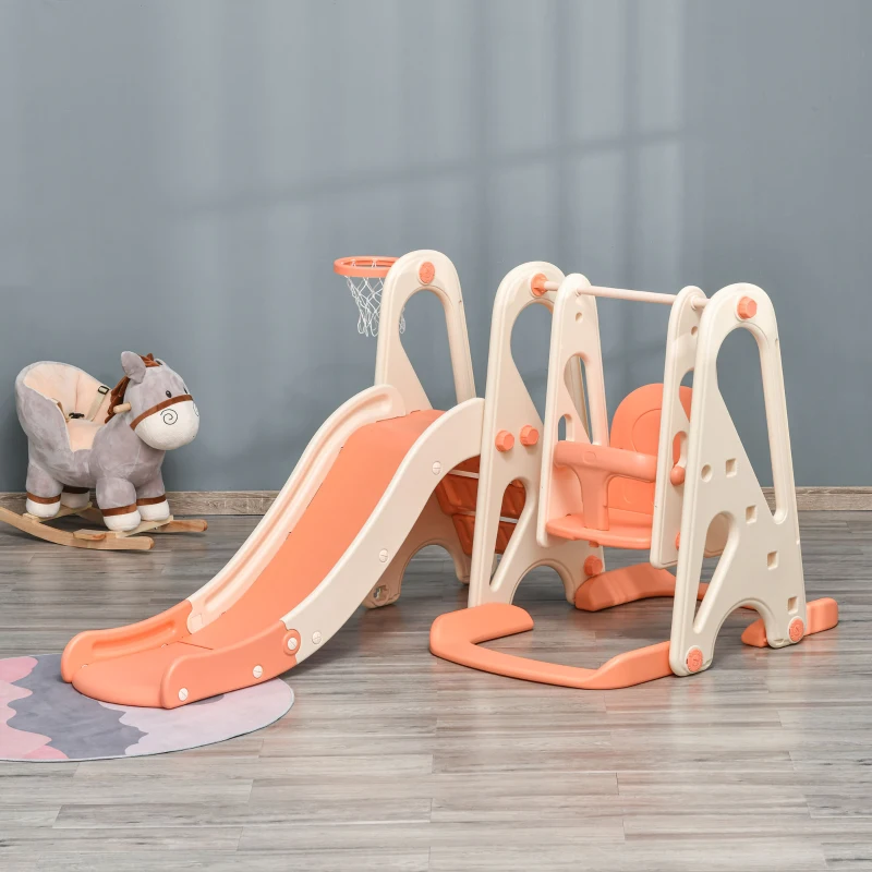 HOMCOM 3 in 1 Design Kids Swing and Slide Set with Basketball Hoop Playground Pink