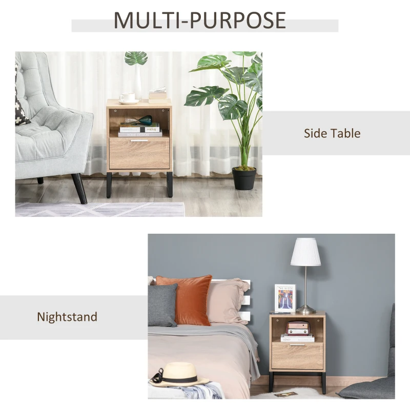 HOMCOM Bedside Table with Drawer and Shelf, Living Room End Table, Bedroom Nightstand