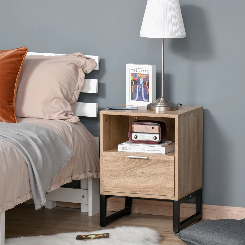 HOMCOM Bedside Table with Drawer and Shelf, Living Room End Table, Bedroom Nightstand