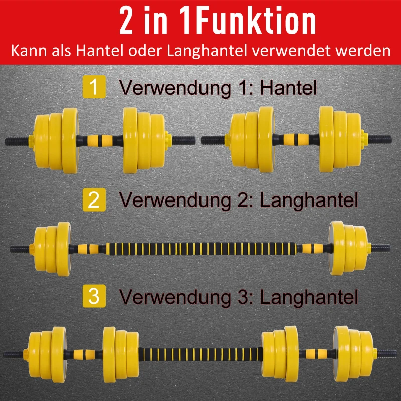 HOMCOM 25 kg halter & halter met lange stang, verstelbare ergonomische 3-in-1 halterset, 12 × schijven, 2 × korte stangen, 1 × lange stang, geel + zwart