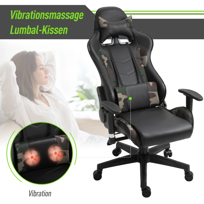 Vinsetto massage bureaustoel, gaming stoel, ergonomisch, kunstleer, schuim, nylon, zwart, camouflage, 64 x 69 x 120-127 cm