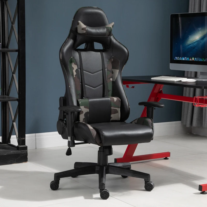 Vinsetto massage bureaustoel, gaming stoel, ergonomisch, kunstleer, schuim, nylon, zwart, camouflage, 64 x 69 x 120-127 cm