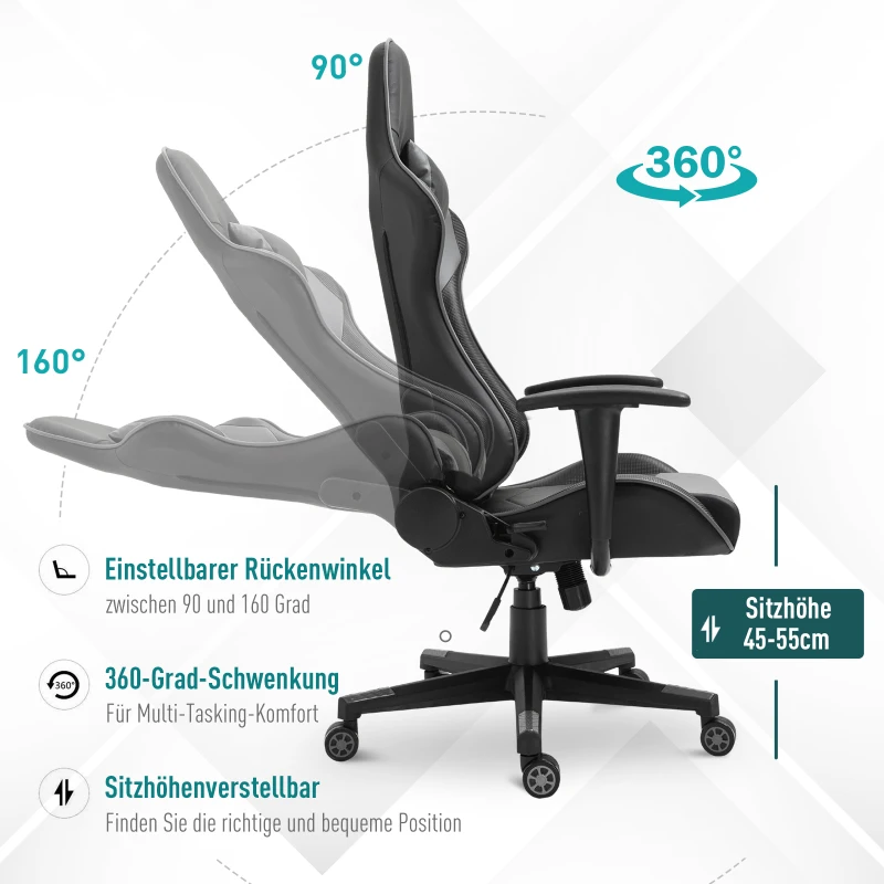 Vinsetto ergonomische bureaustoel, gaming stoel, draaistoel, kunstleer, schuimstof, MDF, zwart, 67,5 x 56 x 126-136 cm bureaustoel stoel kunstleer schuimstof MDF zwart | Aosom.de