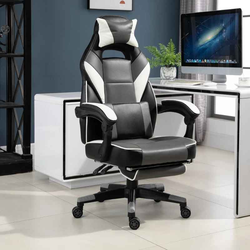 Vinsetto ergonomische bureaustoel, gaming stoel, draaistoel, kunstleer, grijs, wit, zwart, 68 x 70 x 120-127 cm
