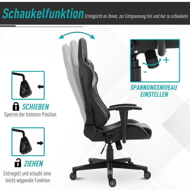 Vinsetto ergonomische bureaustoel, gaming stoel, draaistoel, kunstleer, schuimstof, MDF, zwart, 67,5 x 56 x 126-136 cm bureaustoel stoel kunstleer schuimstof MDF zwart | Aosom.de