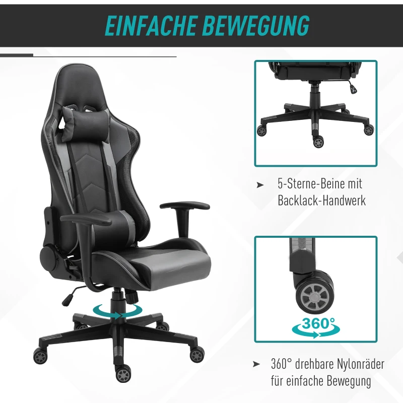 Vinsetto ergonomische bureaustoel, gaming stoel, draaistoel, kunstleer, schuimstof, MDF, zwart, 67,5 x 56 x 126-136 cm bureaustoel stoel kunstleer schuimstof MDF zwart | Aosom.de
