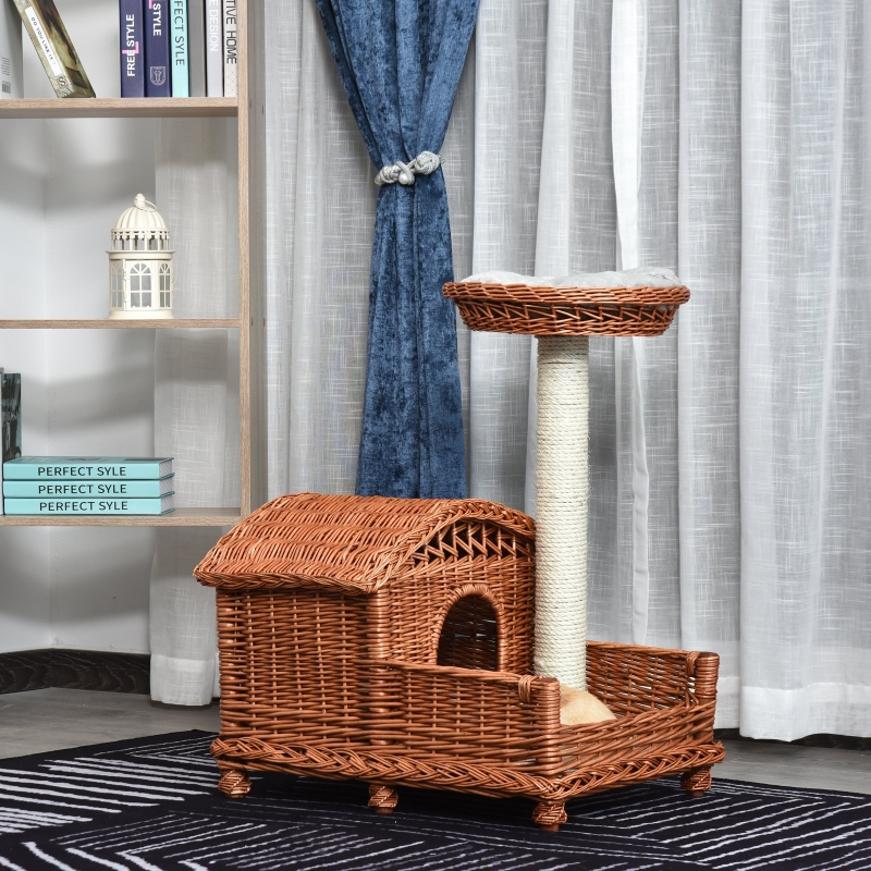 PawHut® Domek dla Kota Koszyk Drapak Sizalowy Ogród Platforma Wiklina Pomarańczowy