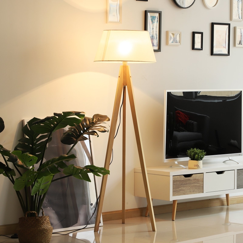 HOMCOM® LAMPA STOJĄCA TRÓJNÓG LAMPA PODŁOGOWA 40 W styl skandynawski drewno + len beżowa
