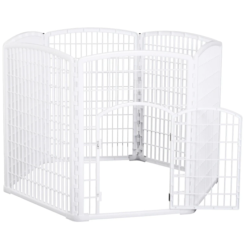 PawHut® Kojec Wybieg dla Szczeniaków Zwierząt Domowych 6 Części Drzwiczki sześciokąt tworzywo - polipropylen nierdzewny biały Ø135 x H95 cm