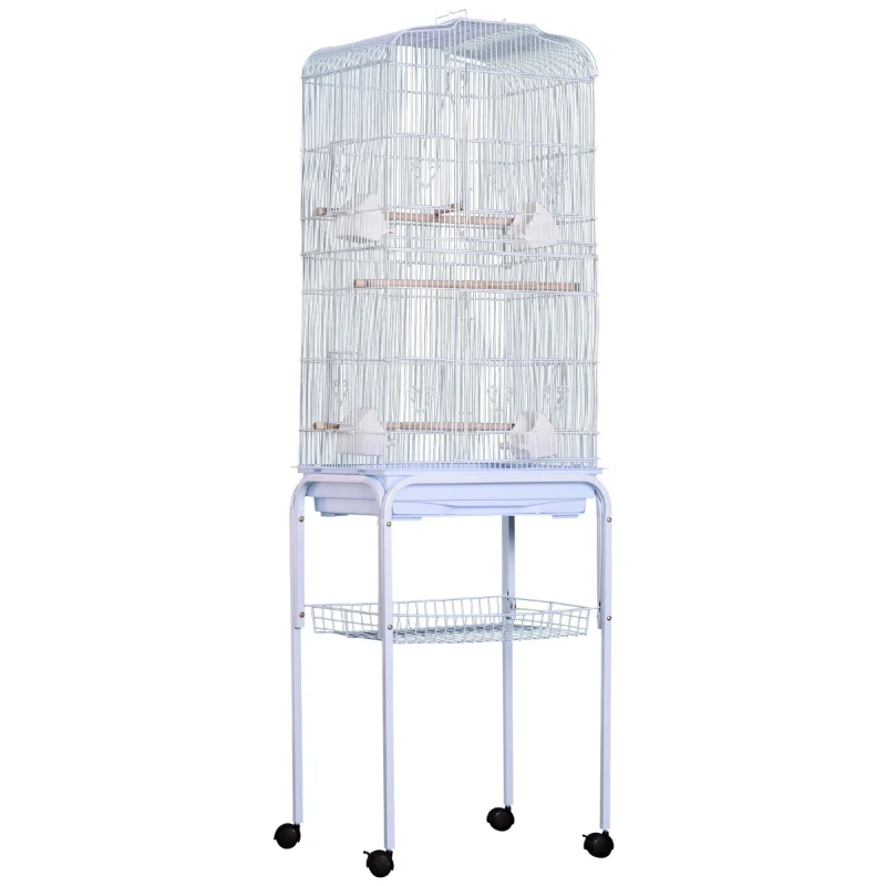 PawHut® KLATKA DLA PTAKÓW WOLIERA DLA PAPUG PAPUŻKA FALISTA Z RUCHOMYM STOJAKIEM biała 47,5x37x153 cm