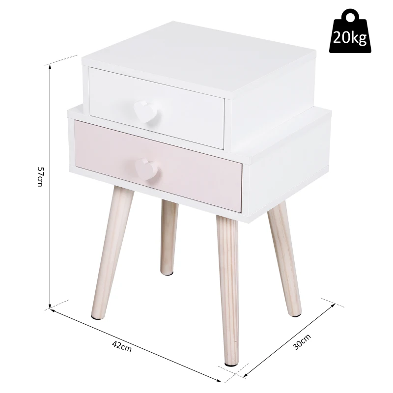 HOMCOM® Szafka Nocna Do Pokoju Dziecięcego Zestaw 2 Szafek 2 Szuflady Płyta MDF Różowa