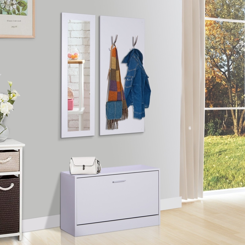 HOMCOM® 3-ELEMENTOWY ZESTAW DO PRZEDPOKOJU GARDEROBY SZAFKA NA BUTY WIESZAK NA UBRANIA LUSTRO ŚCIENNE 4 HAKI biały 30 x 100 cm