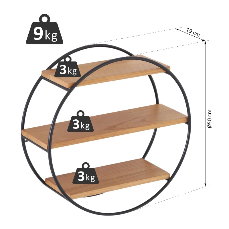 HOMCOM® REGAŁ ŚCIENNY WISZĄCY NA KSIĄŻKI OKRĄGŁY 3 PÓŁKI metal + drewno czarny + naturalny ∅50 x 19cm
