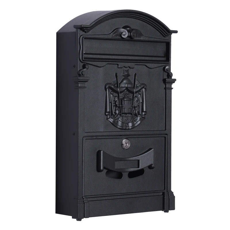 HOMCOM® SKRZYNKA NA LISTY ZAMYKANA Z OCHRONNĄ KLAPKĄ 2 KLUCZE ALUMINIOWA czarna 25,5 x 8,5 x 41 cm