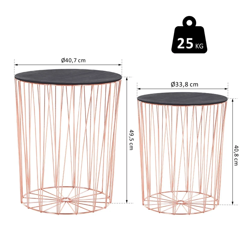 Stolik ze schowkiem HOMCOM, zestaw 2 szt., metalowy kosz z drewnianą pokrywą, stolik nocny, różowe złoto, Ø 40,7 x 49,5 cm, Ø 33,8 x 40,8 cm