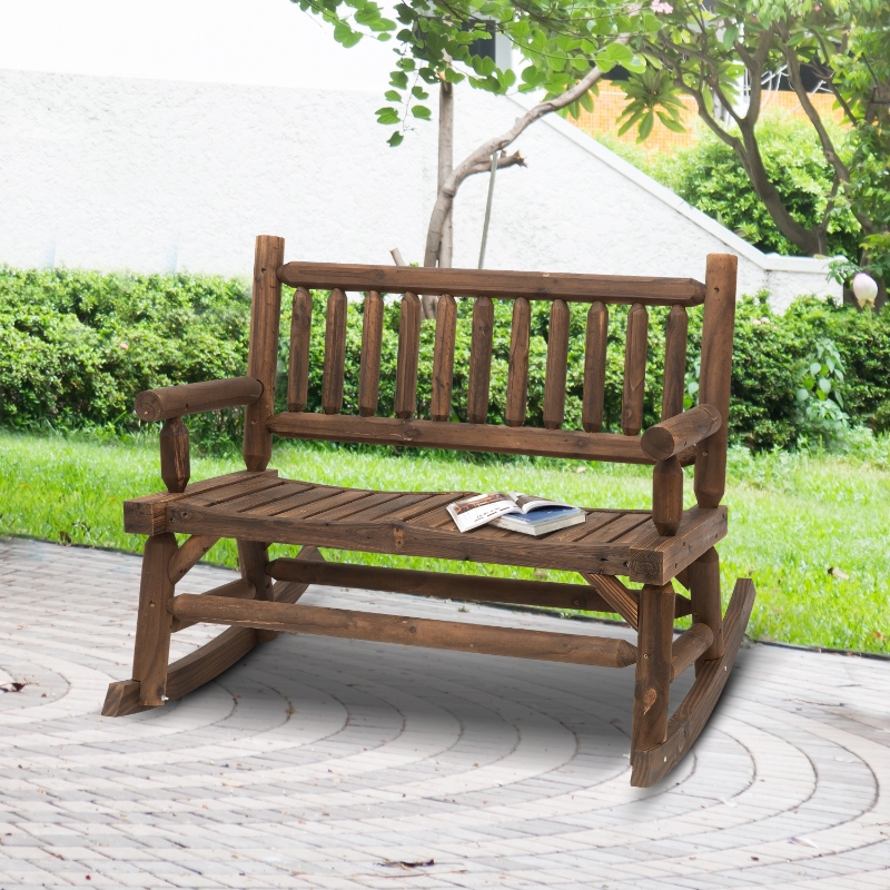Fotel bujany Outsunny z podłokietnikami, krzesło ogrodowe, fotel na biegunach, lite drewno, kolor ciemnobrązowy, 112 x 67 x 93 cm