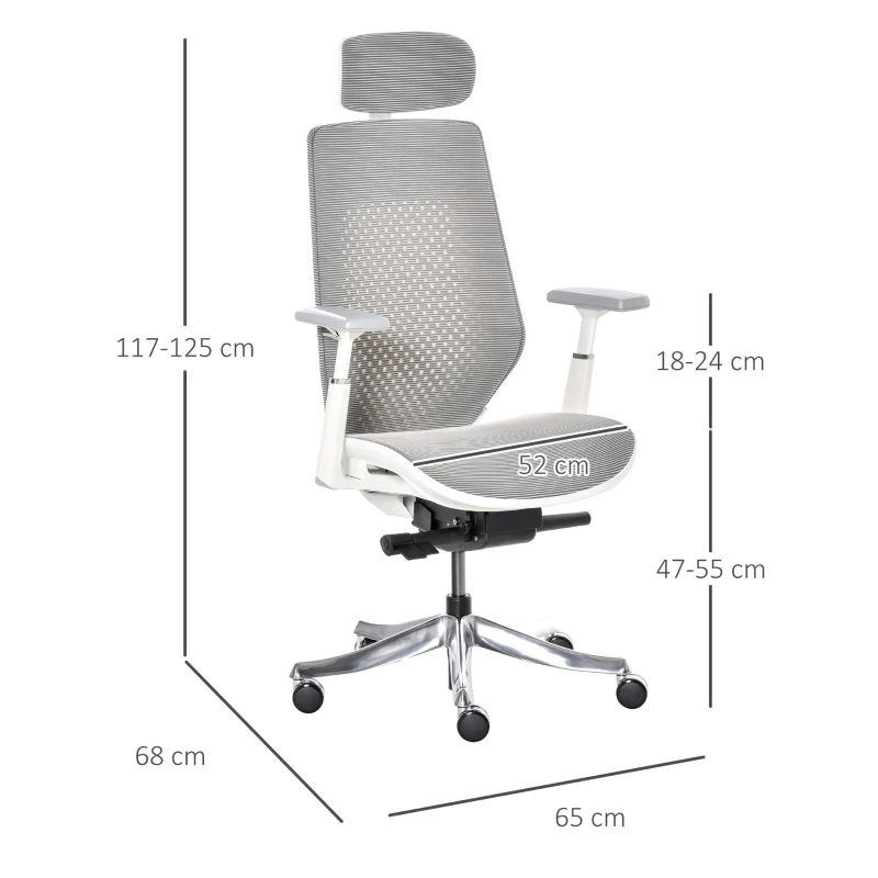 Krzesło biurowe Vinsetto krzesło obrotowe z zagłówkiem regulowany kąt jasnoszare pianka nylon poliester 65 x 68 x 117-125 cm