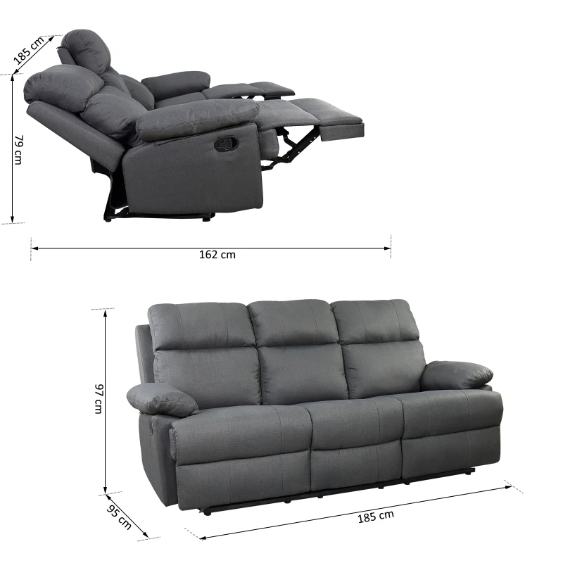 HOMCOM 3-osobowa sofa telewizyjna, sofa wypoczynkowa, funkcja rozkładania, kanapa telewizyjna, sofa TV, fotel, 180° regulowana, len, ciemnoszara, 195 x 97,5 x 99 cm