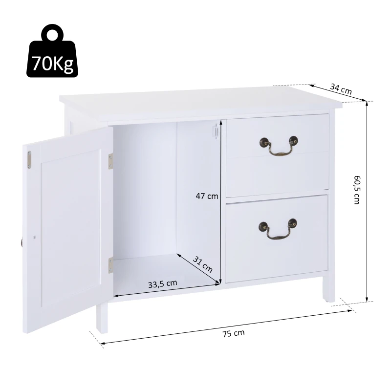 HOMCOM® SZAFKA KOMODA KREDENS Z 2 SZUFLADAMI biały MDF płyta wiórowa 75 x 34 x 60,5 cm