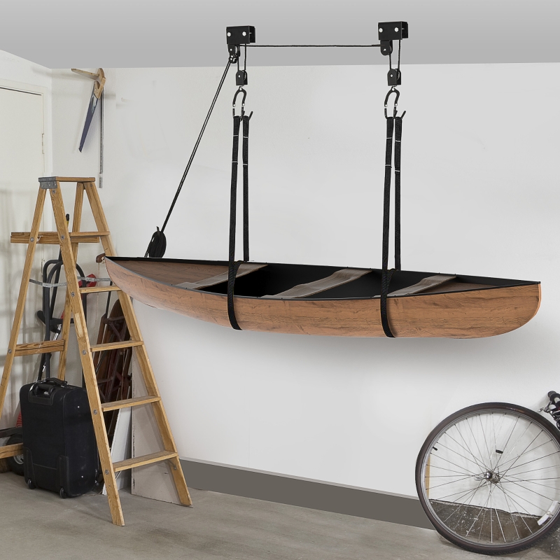 HOMCOM Podnośnik kajakowy Podnośnik sufitowy Podnośnik rowerowy System do przechowywania kajaków do 50 kg Uchwyt sufitowy wielofunkcyjny stal PP czarny 12,3 x 16 cm