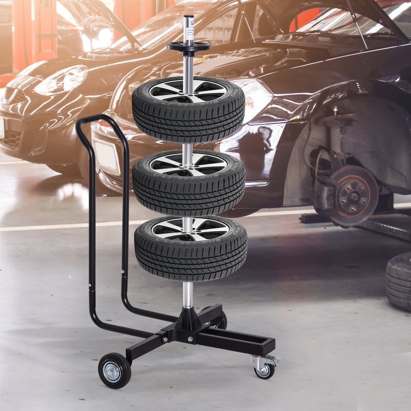 HOMCOM® STOJAK NA OPONY NA KÓŁKACH WÓZEK NA FELGI 4 OPONY czarny 240 mm