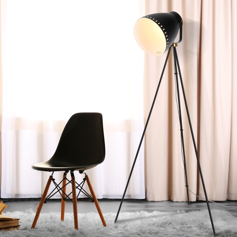 HOMCOM® Lampa Stojąca Gwint E27 Regulowana 120° Metal Czarna 60 X 60 X 145 cm