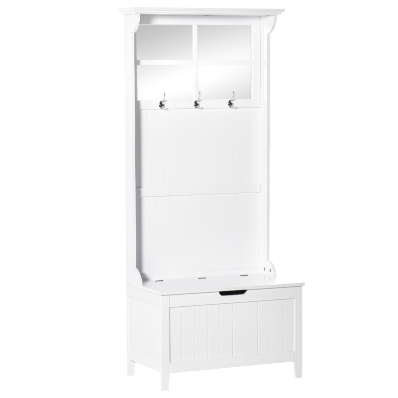 HOMCOM nowoczesny wieszak na ubrania z ławką lustro wieszak na ubrania z 3 haczykami szafka do przedpokoju sypialni salonu biały MDF 81 x 44,5 x 181 cm