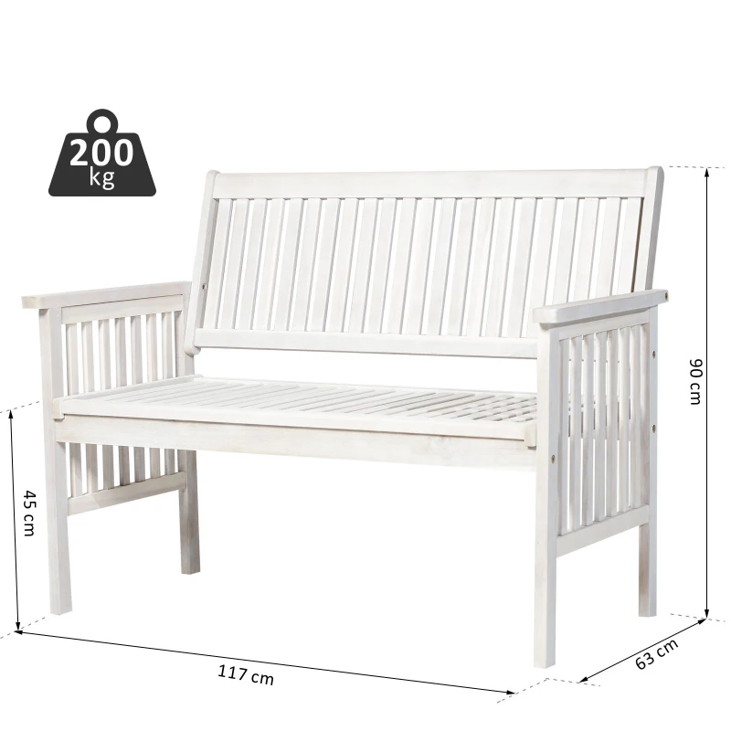 Outsunny® ŁAWKA OGRODOWA DREWNIANA Z PODŁOKIETNIKAMI STYL DWORKOWY 2-osobowa drewno akacjowe biała 117 x 63 x 90 cm