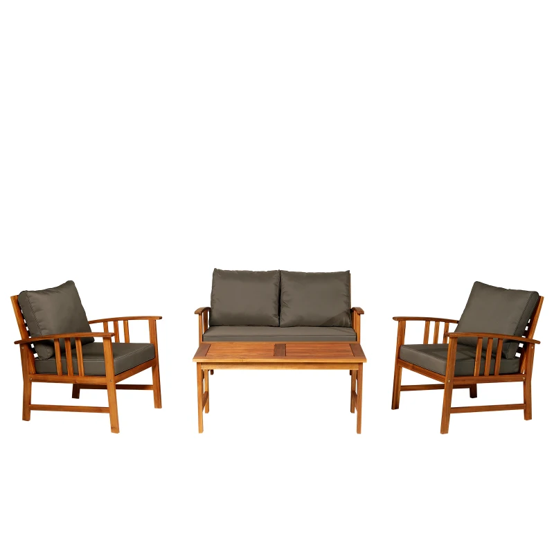 Outsunny® 4-CZĘŚCIOWY ZESTAW MEBLI OGRODOWYCH LOUNGE Z PODUSZKAMI STOLIK FOTELE DLA 3-4 OSÓB drewno brązowy