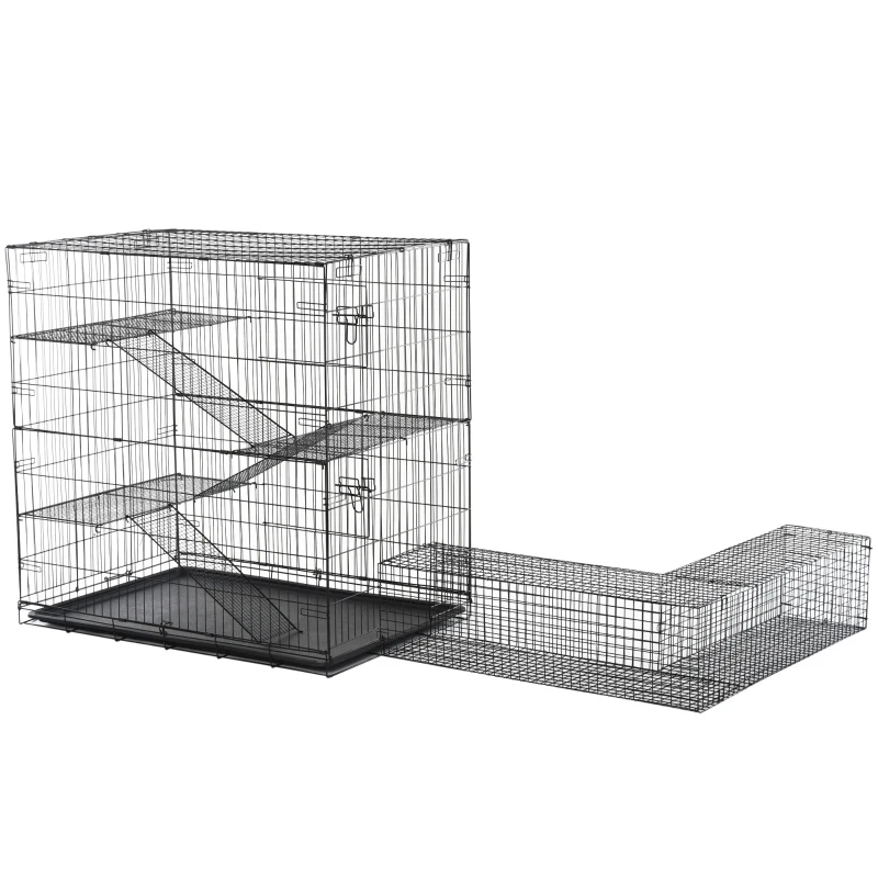 Klatka dla małych zwierząt, klatka dla gryzoni z tunelem w kształcie litery L, klatka dla zwierząt, stal + PP, 200 x 120 x 120 cm