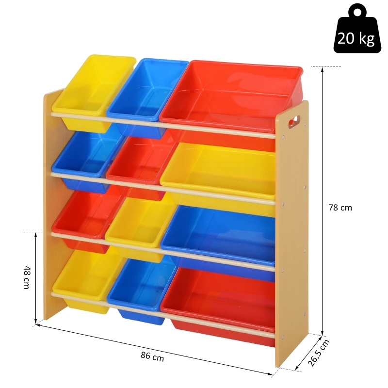 HOMCOM® REGAŁ DLA DZIECI POKÓJ DZIECIĘCY PRZECHOWYWANIE 12 SKRZYNEK ZAOKRĄGLONE BRZEGI kolorowy 86 x 26,5 x 78 cm