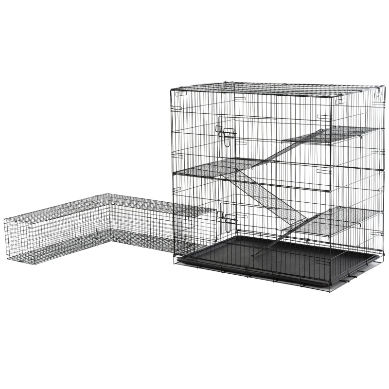 Klatka dla małych zwierząt, klatka dla gryzoni z tunelem w kształcie litery L, klatka dla zwierząt, stal + PP, 200 x 120 x 120 cm