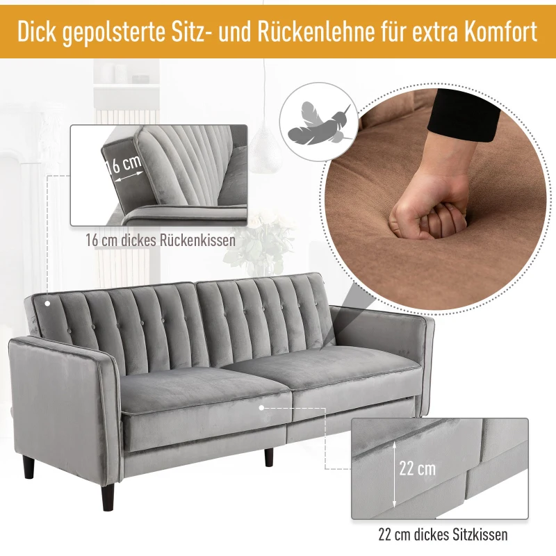 HOMCOM® SOFA ROZKŁADANA 3-OSOBOWA GRUBE OBICIE FLANELOWE METALOWY STELAŻ OBCIĄŻENIE 250 KG 205 x 98 x 98 cm