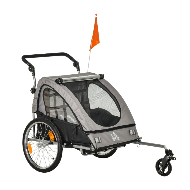 HOMCOM przyczepka rowerowa 2 w 1 przyczepka wózek spacerowy z kieszenią do przechowywania połączenie dwóch warstw stalowych rur metal tkanina Oxford szary + czarny 160 x 84 x 106 cm