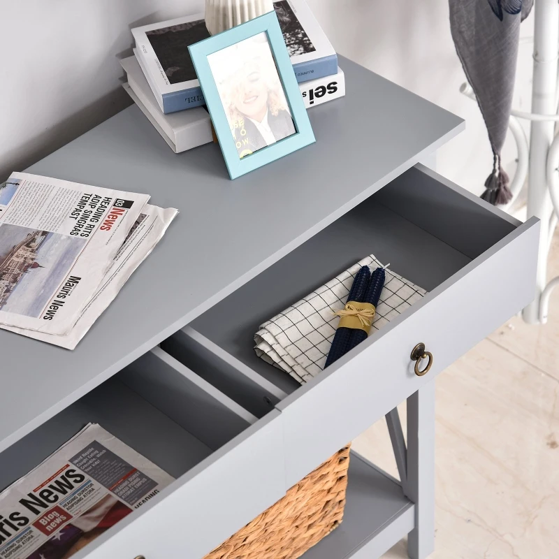 Homcom® Stolik Konsola z 2 Szufladami Kredens Przedpokój Lite Drewno Szary