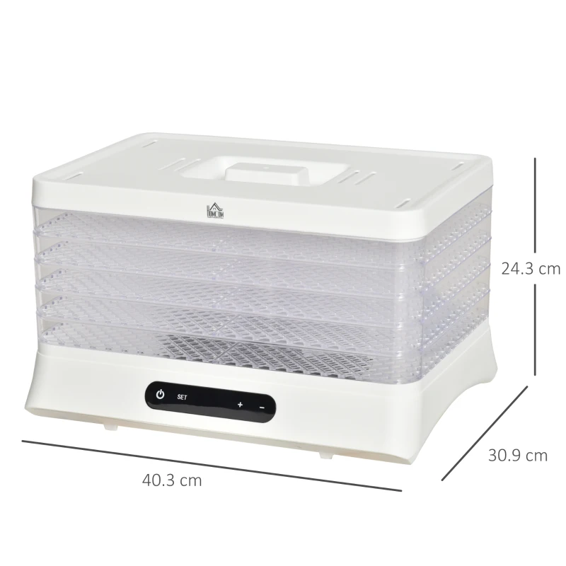 HOMCOM Dehydrator Suszarka do żywności /automatyczna z 5 tacami, z regulacją temperatury 35-70°, mięso, warzywa, owoce, biała 40,3x30,9x24,3cm