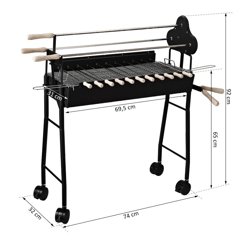 Outsunny® GRILL WĘGLOWY NA KÓŁKACH BBQ ROŻEN OBROTOWY REGULOWANY stal szlachetna czarny