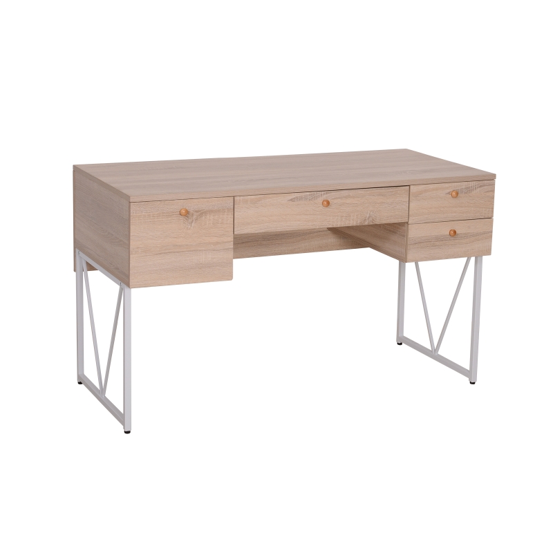 HOMCOM® BIURKO KOMPUTEROWE NA KOMPUTER LAPTOP 3 X SZUFLADA 1 X PÓŁKA drewno+metal naturalny+biały 130x60x76cm