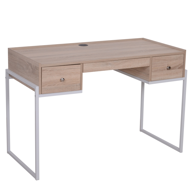 HOMCOM® BIURKO KOMPUTEROWE NA KOMPUTER LAPTOP 3 X SZUFLADA Z REGULACJĄ drewno+metal naturalny+biały 114x55x77cm
