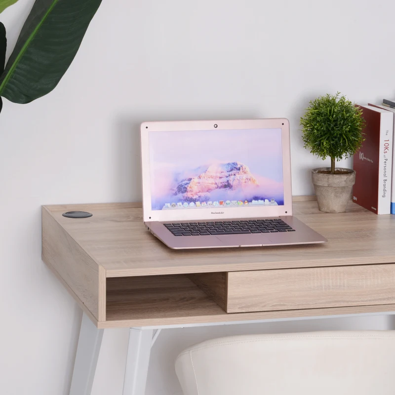 HOMCOM® BIURKO KOMPUTEROWE PC LAPTOP OTWORY NA KABLE drewno + metal naturalny + biały 100 x 60 x 77 cm