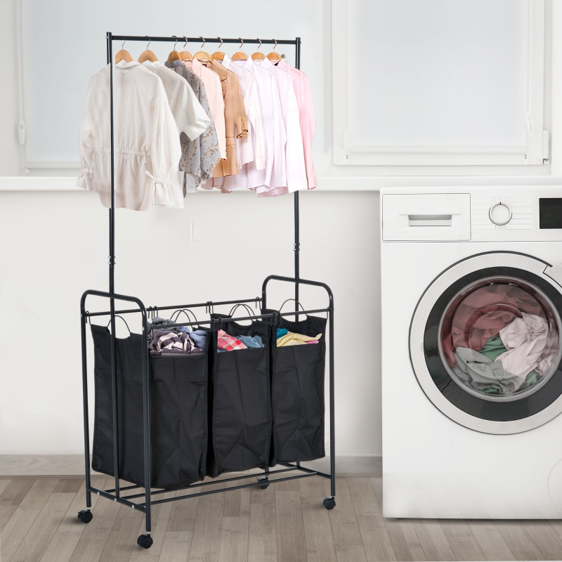 HOMCOM® STOJAK NA BIELIZNĘ 3 POJEMNIKI DO SORTOWANIA KÓŁKA czarny